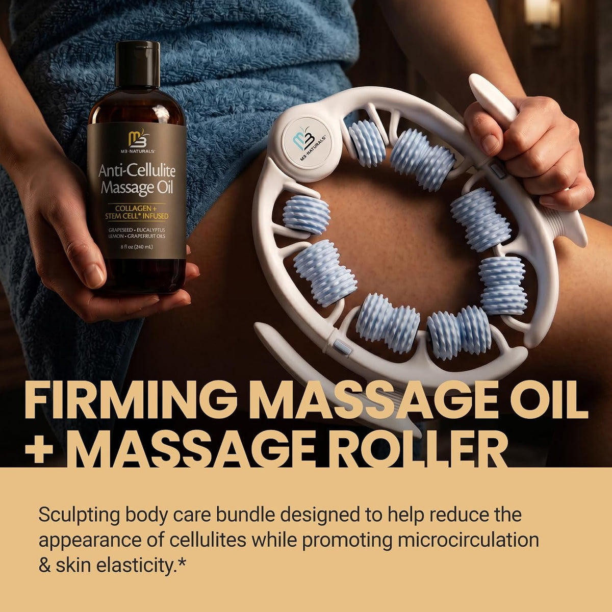 Anti Cellulite Massage Oil & Lymphatic Drainage Massager Kit, 8 Fl Oz by M3