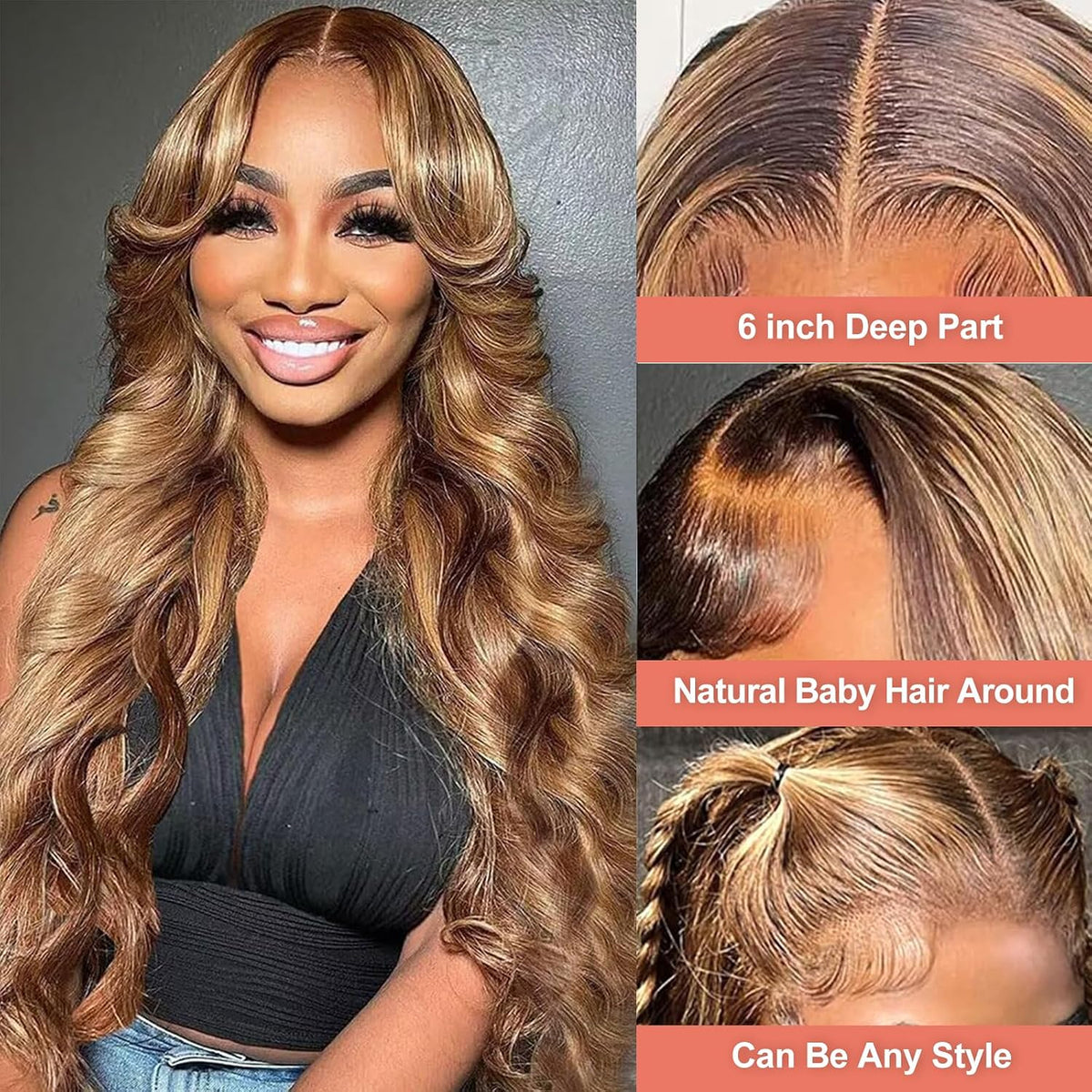 26 Inch Highlight Ombre Lace Front Wig Human Hair 13X6 HD Lace Body Wave