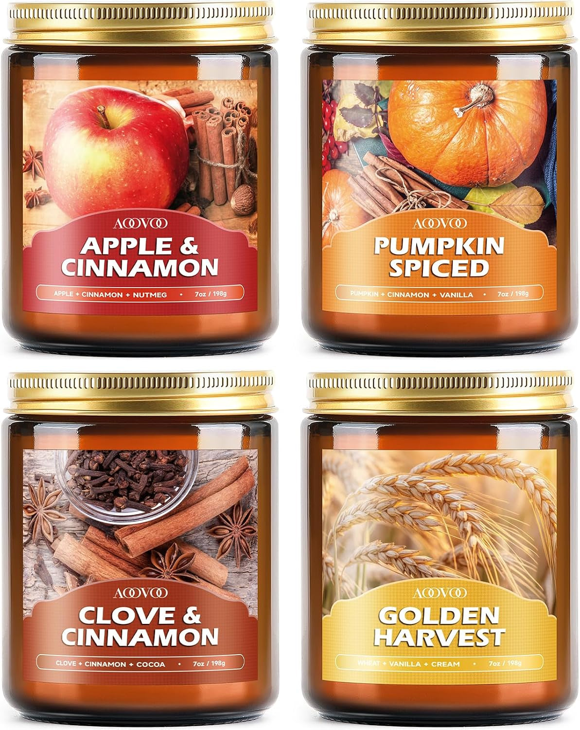 Fall Candles Set - 4 Pack Candles for Home Scented, 28 Oz Natural Soy Wax 200 Hour Long Lasting, Autumn Gifts Set for Women Men Fall Fragrance of Pumpkin/Apple Cinnamon/Clove/Wheat Vanilla