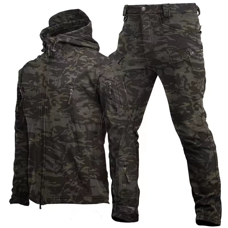 Winter Autumn Tactical Jackets Elastic Men Fleece Waterproof Suits Fishing Warm Hiking Camping Tracksuits Set Hood Coat S-5XL