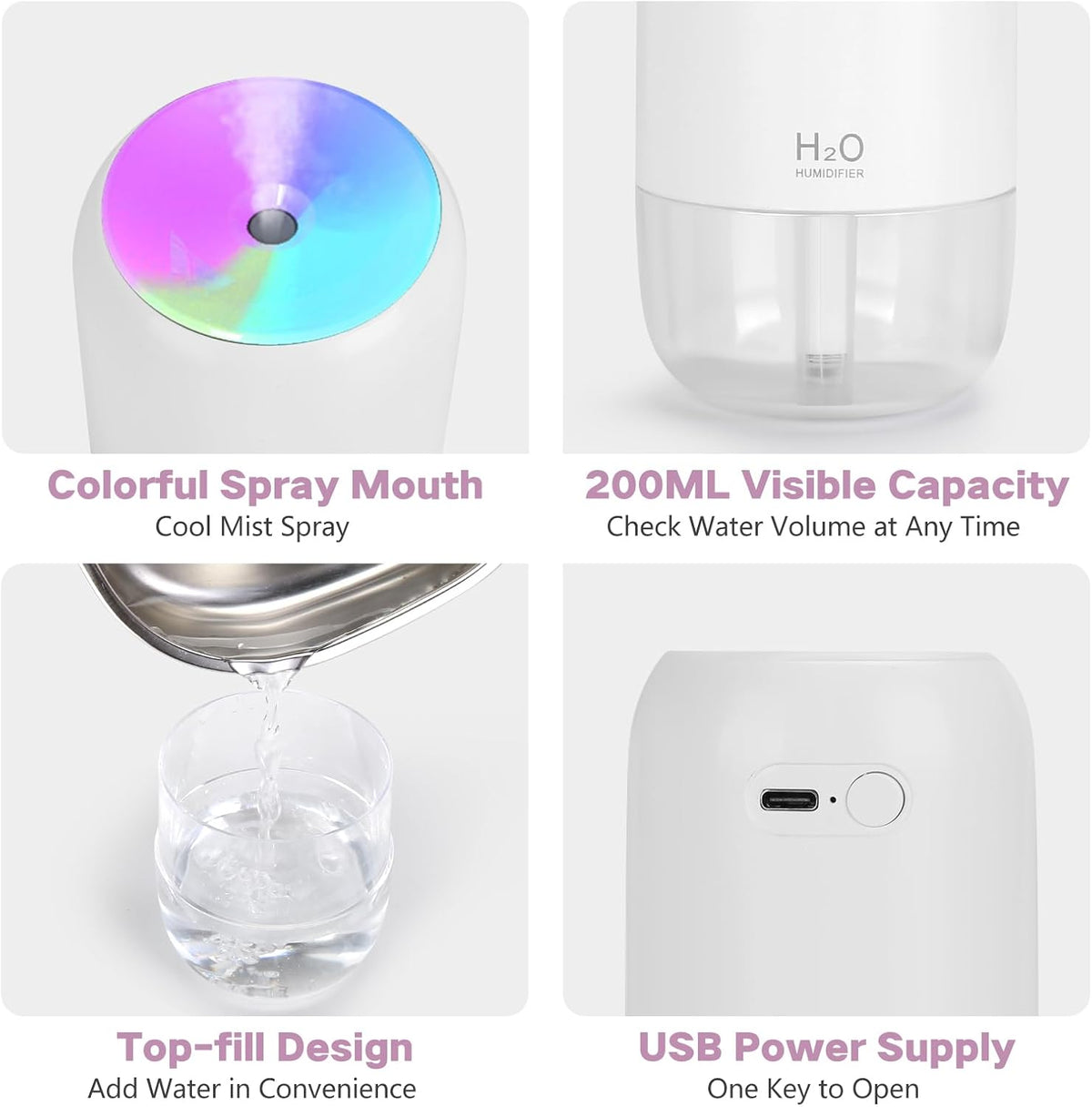 Mini Humidifiers for Bedroom, 200Ml Small Humidifier for Home Plant, Room Humidifiers for Bedroom Auto Shut-Off for Car Office Desktop, Gray White
