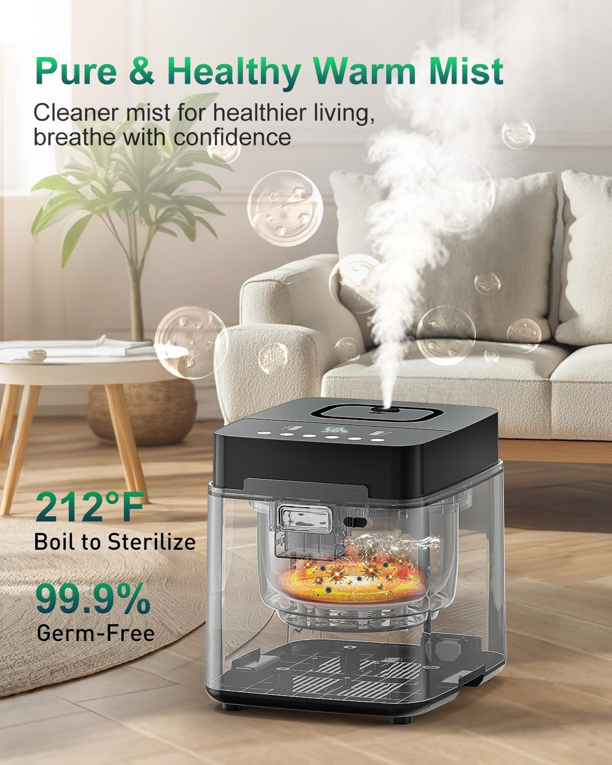 Stainless Steel Humidifier, 3.3L Warm Mist Humidifiers for Bedroom, Easy Clean Steam Humidifiers for Home, Dishwasher Safe Humidifier Large Room, Black