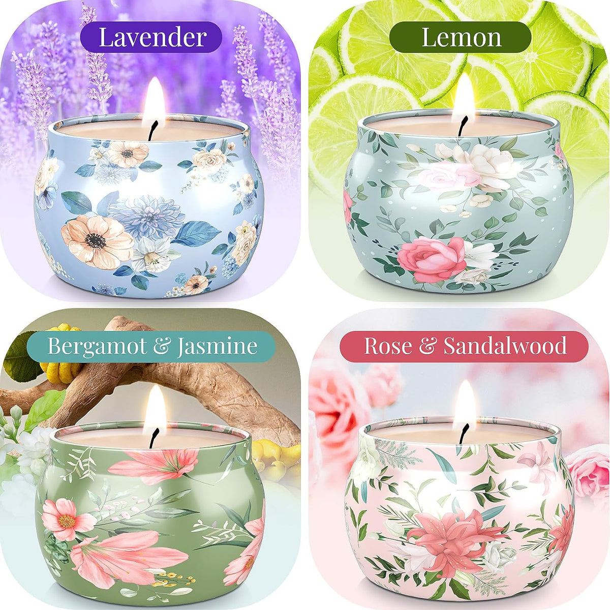 Scented Candle Set, 17.6 Oz, 4 Pack Soy Wax Candles for Home & Travel