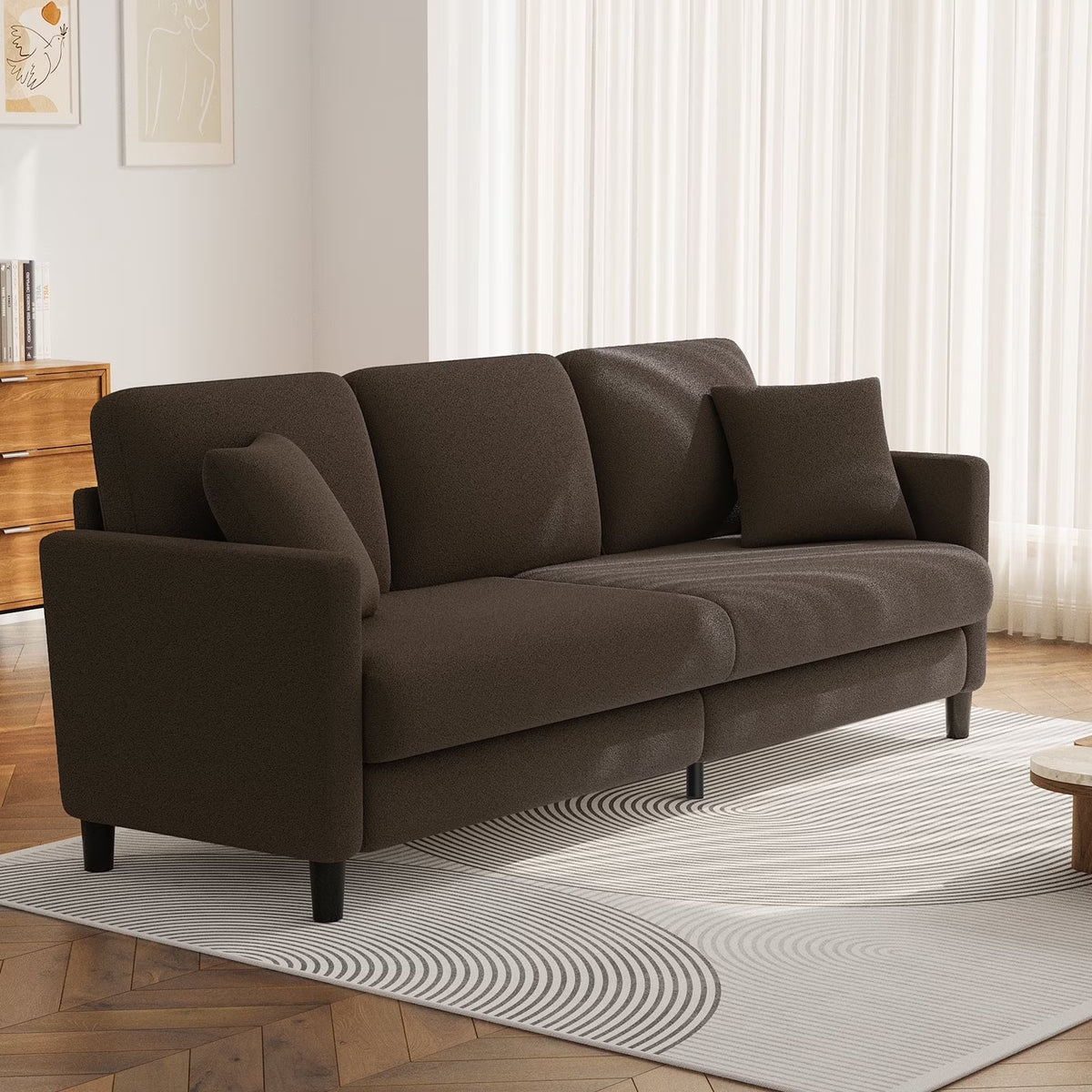 83" Sofa Couch for Living Room,Comfy Teddy Fleece Loveseat Sofa,Extra Deep Seat Couches , Tool-Free Setup Love Seat with 2 Pillows,Brown