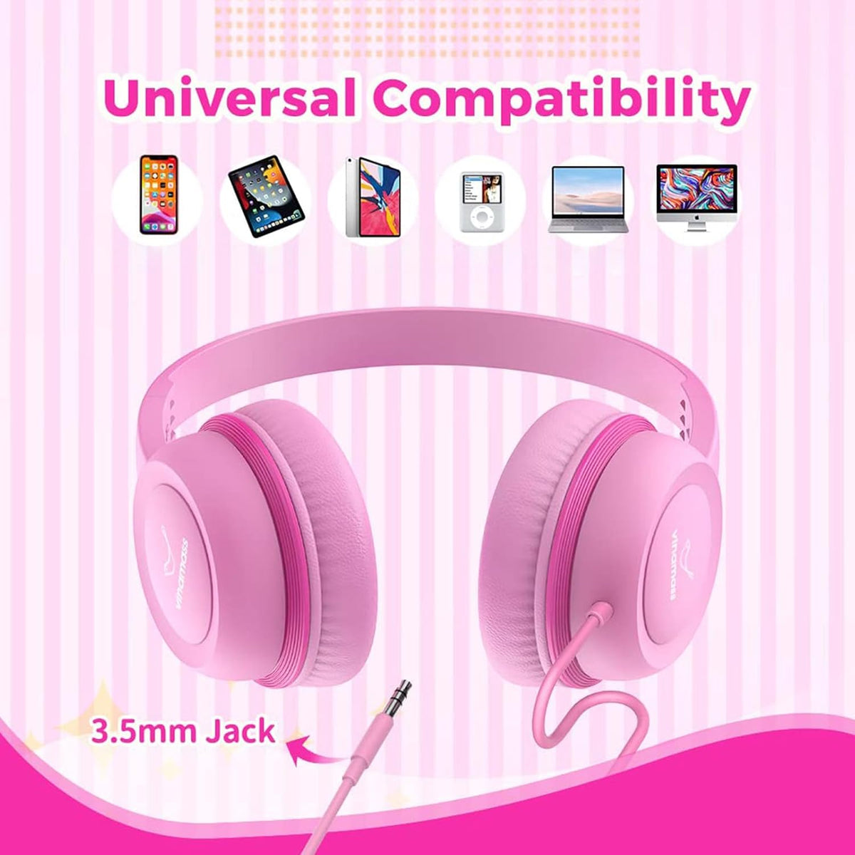 Kids Headphones, Wired Headphones for Kid with Safe Volume Limiter, Kid Headphone with Cord 3.5Mm Jack, On-Ear Girls Boys Toddler Headphone for School