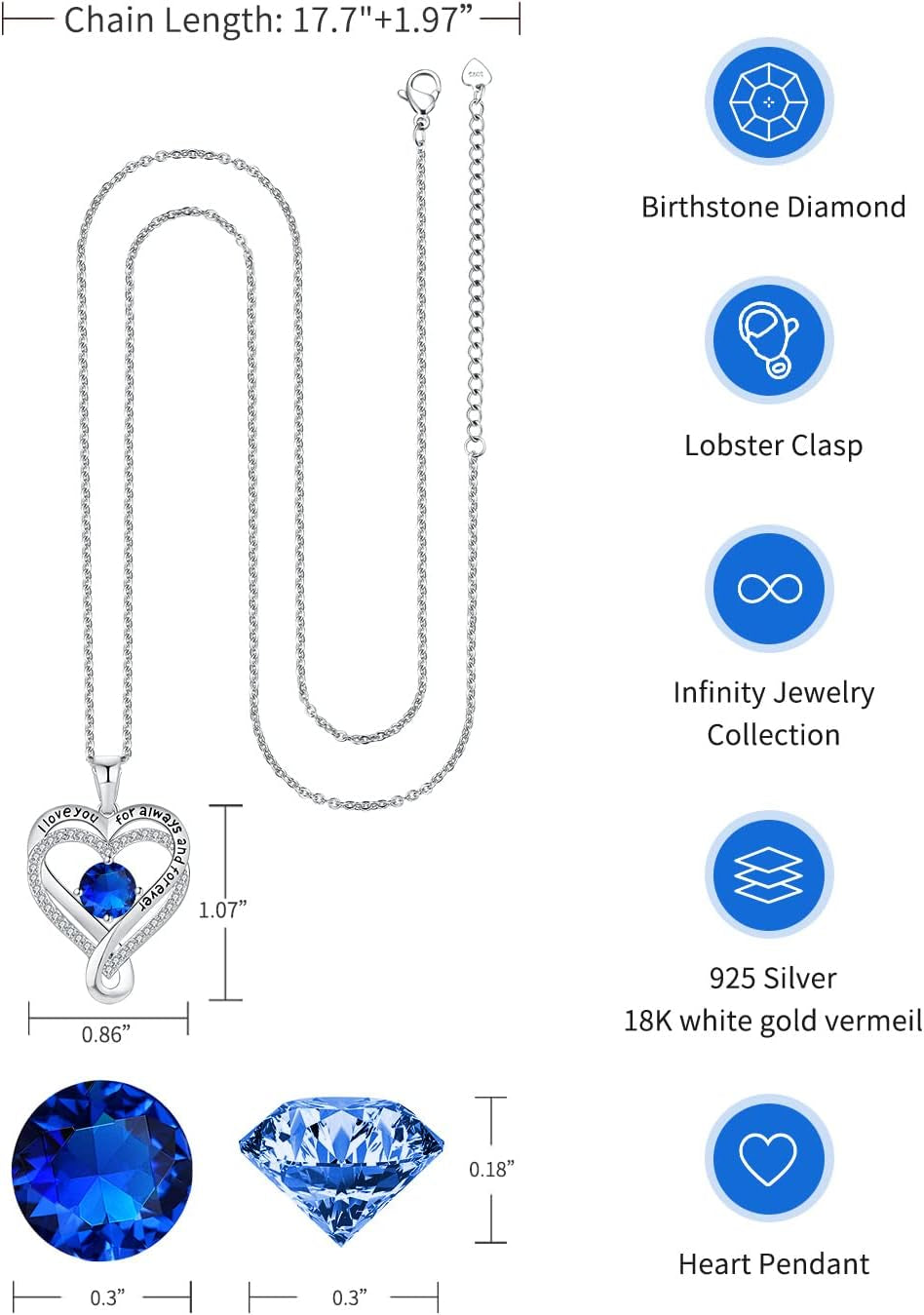 Jewelry for Women Wife Infinity Heart Birthstone I Love You Necklace S925 Anniversary Women Necklaces for Her Wife Birthday Gift Ideas, Birthday Present for Girlfriend Mom Daughter Sterling Silver