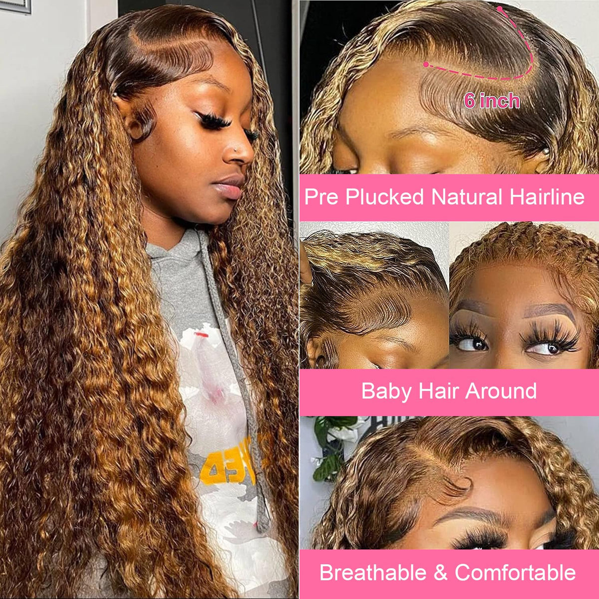 13X6 Highlight Ombre Deep Wave Lace Front Wigs Human Hair Honey Blonde Wig