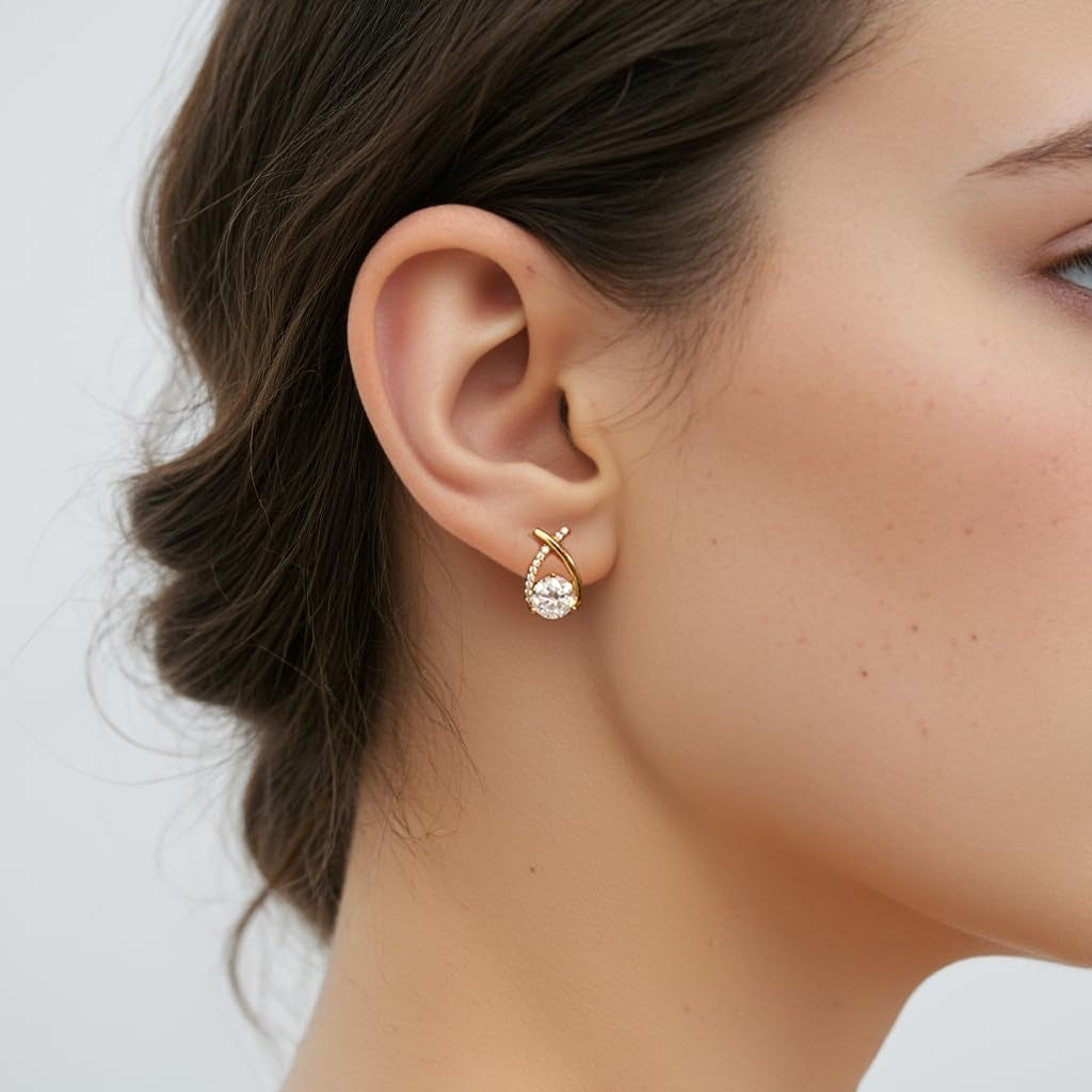2Ct Moissanite Stud Earrings for Women, Earrings in Crossed Asymmetrical, Mermaid Tail Earrings, D Color VVS1 18K Gold Plated 925 Sterling Silver Hypoallergenic, round Cut Lab Created Diamond for Gift