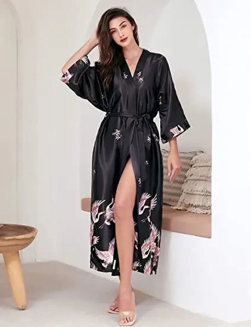 Satin Print Robe Kimono V Neck Knee Length Sleepwear Lounge Belted Fit