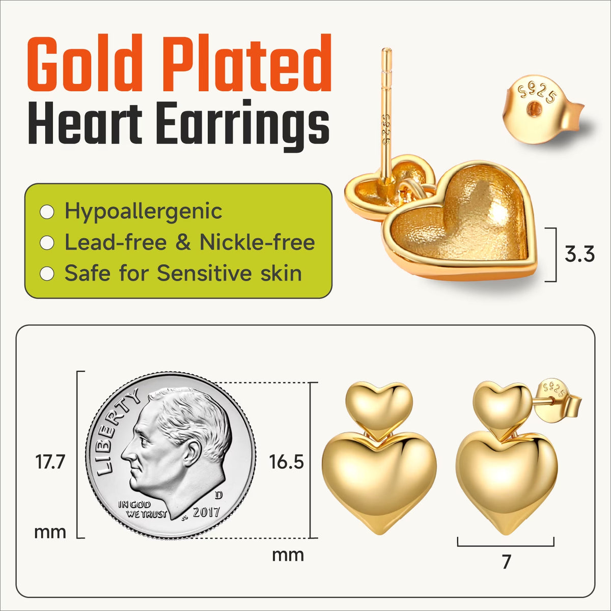 Heart Earrings for Women, Hypoallergenic 14K Gold Plated Heart Stud Earrings Jewelry Gifts for Birthday Graduation
