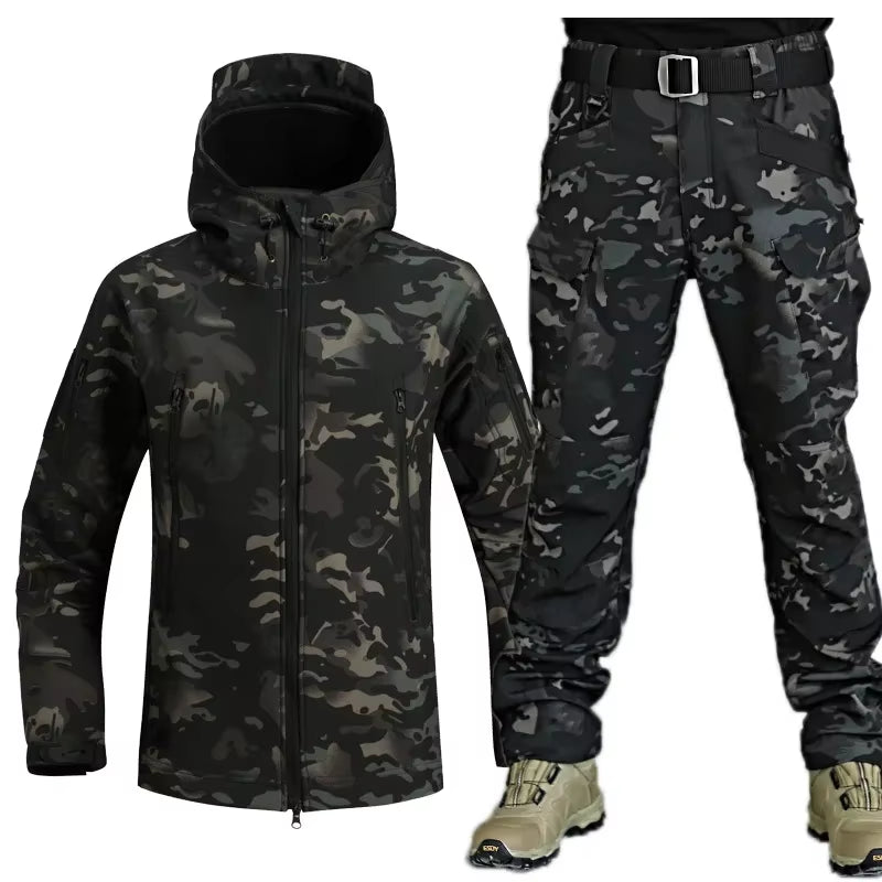 Winter Thicken Men Camo Suit Waterproof Tactical Training Set Multi-Pocket Hooded Jacket Fleece Pants Outdoor Hunting 2-Piece