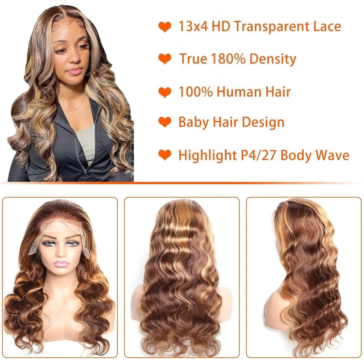 13X4 Highlight Ombre Lace Front Wig Human Hair Pre Plucked 4/27 Honey Blonde HD Transparent Colored Lace Frontal Wigs for Women with Baby Hair 180% Density Body Wave Lace Front Wig (24 Inch)