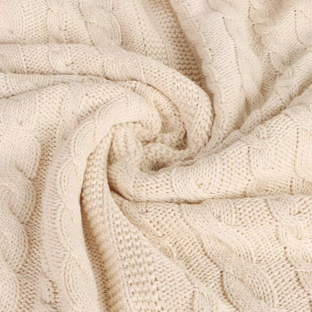 GOTS Certified Organic Cotton Throw Blanket Natural 50 In. X 70 In. for Sofa Couch Bed, Cable Knitted Throw Blanket