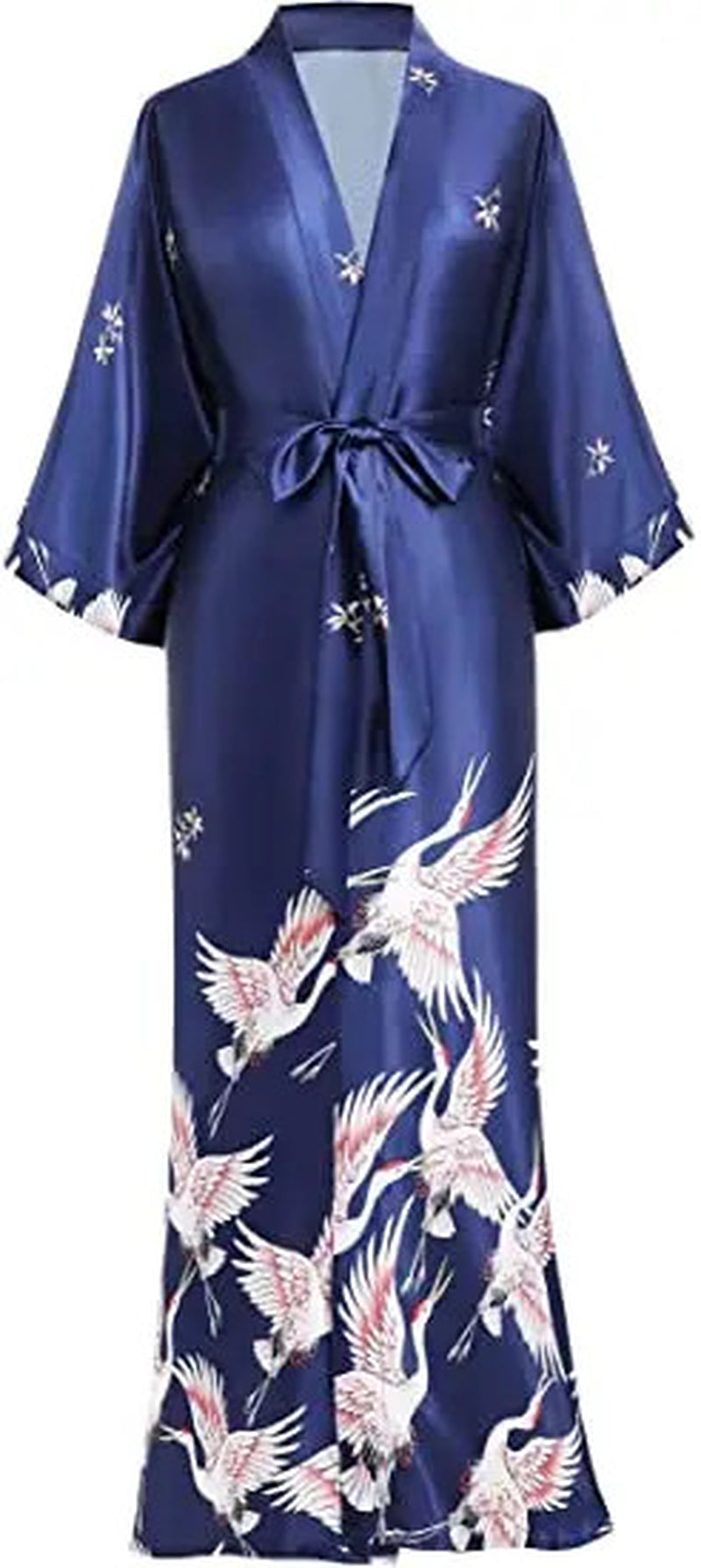 Satin Print Robe Kimono V Neck Knee Length Sleepwear Lounge Belted Fit
