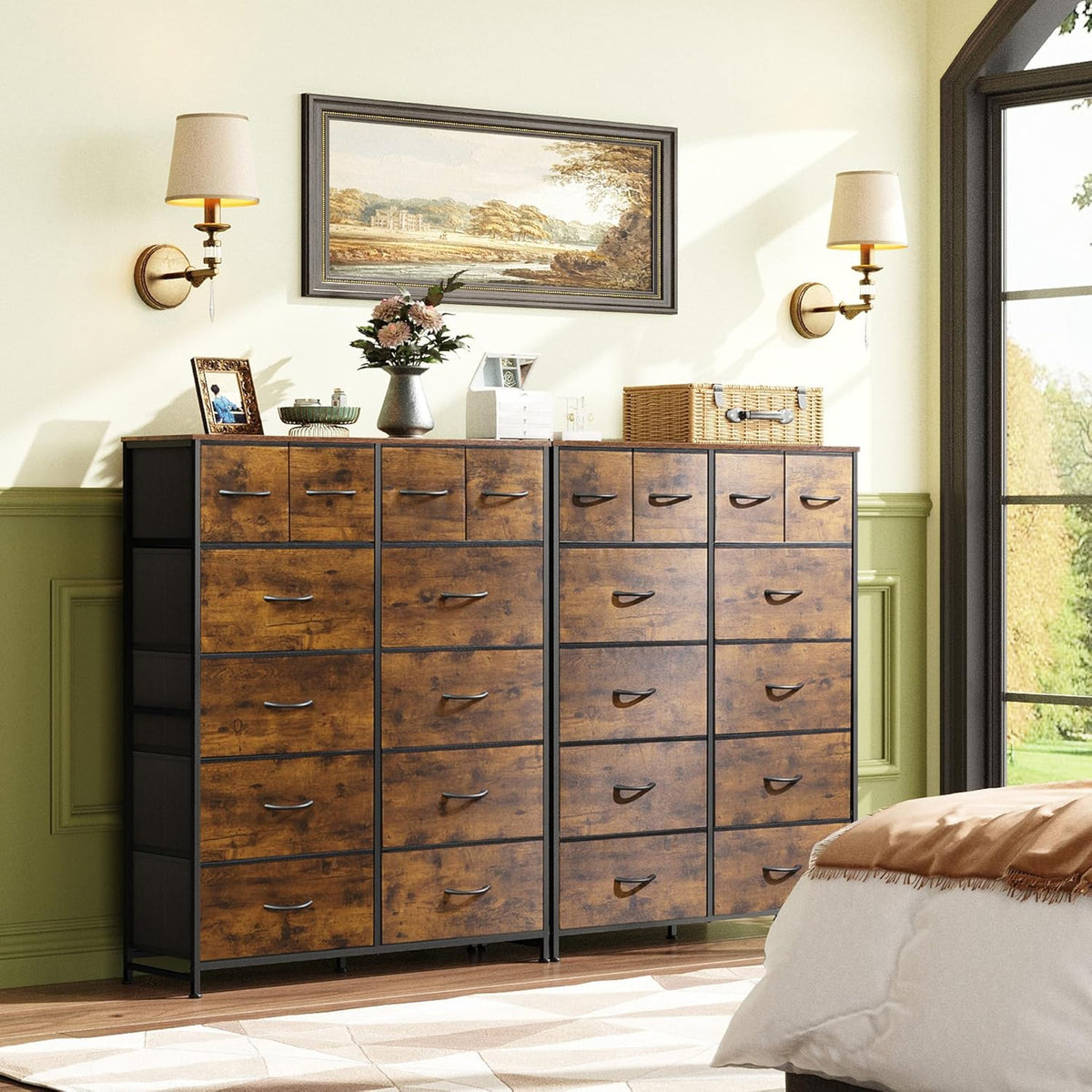 12 Drawer Tall Fabric Dresser Bedroom Storage Chest, Rustic Brown