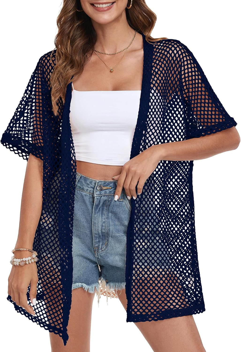 Women Swimsuit Coverup Crochet Beach Cover up Short Sleeve Kimono Cardigans