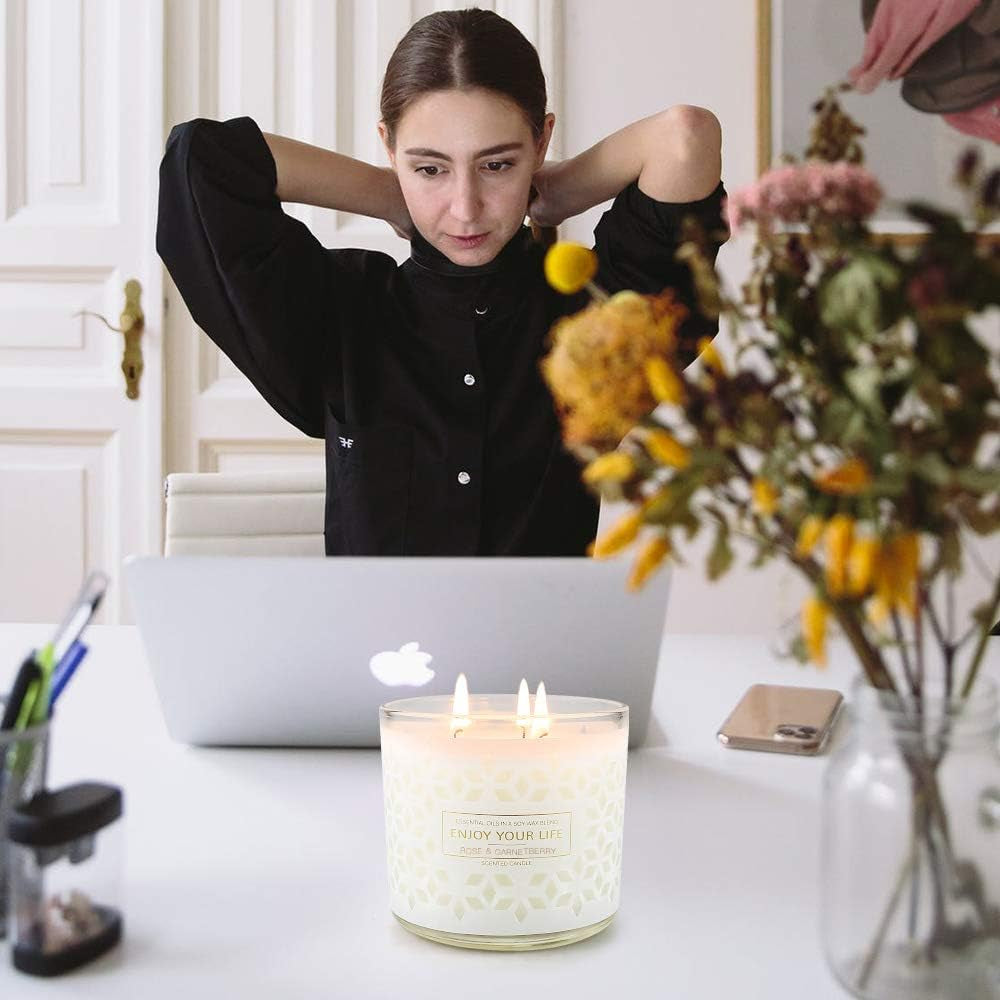 Scented Jar Candles for Home,3 Wick Aromatherapy Large Candles,250 Hours 29 Oz Soy Wax Lavender Stress Relief Candles Mother&