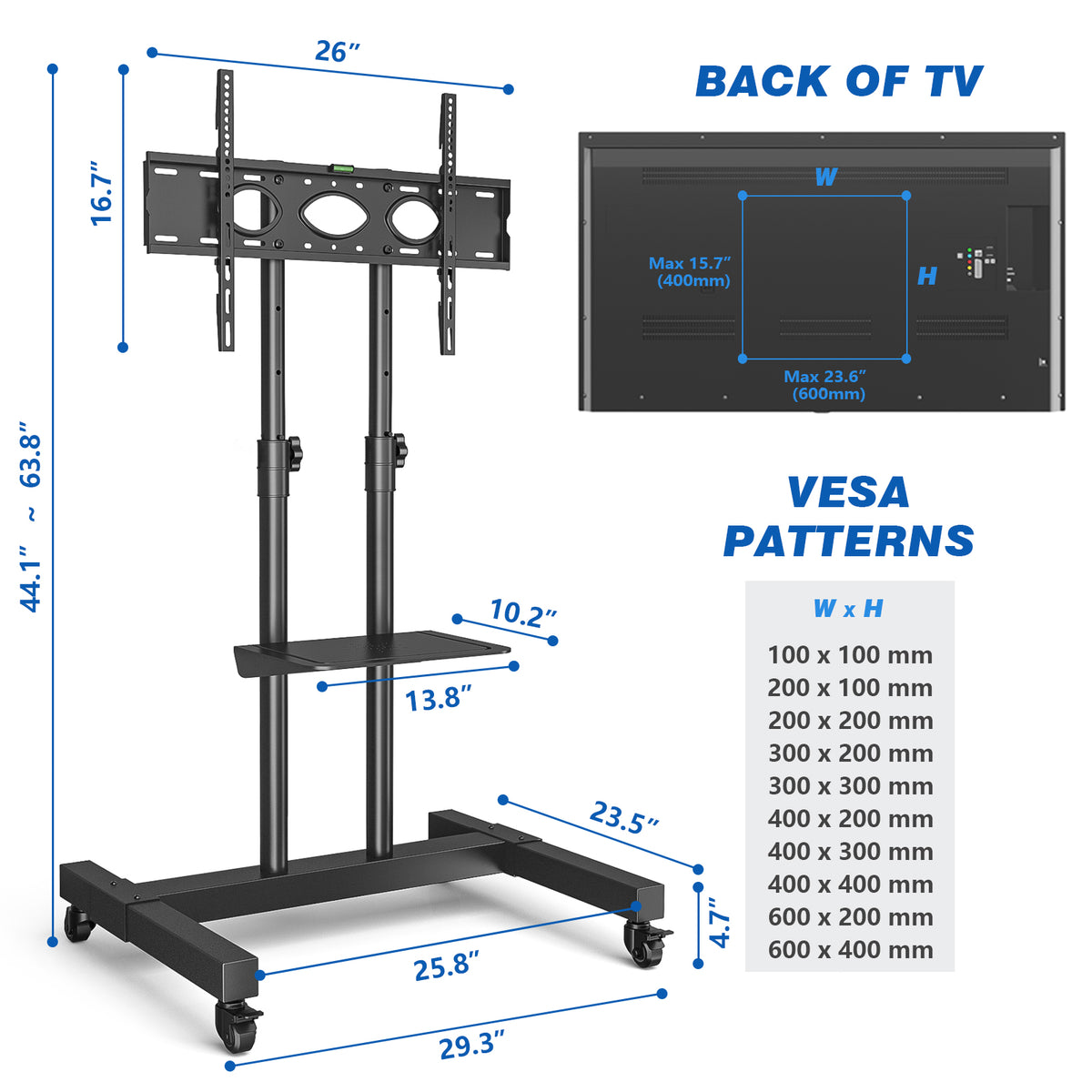 Rolling TV Cart Stand with Wheels for 32 to 83 Inch Screens, Adjustable Height Mobile TV Mount Rack Portable Floor Stand for Bedroom