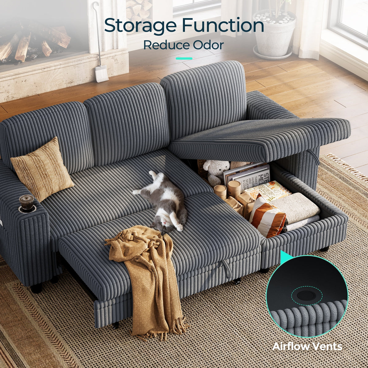 3 Seaterss Sectional Couches for Living Room, Sofa Bed with Storage Seat, Pull Out Couch Bed with Storage Ottoman, Dark Green