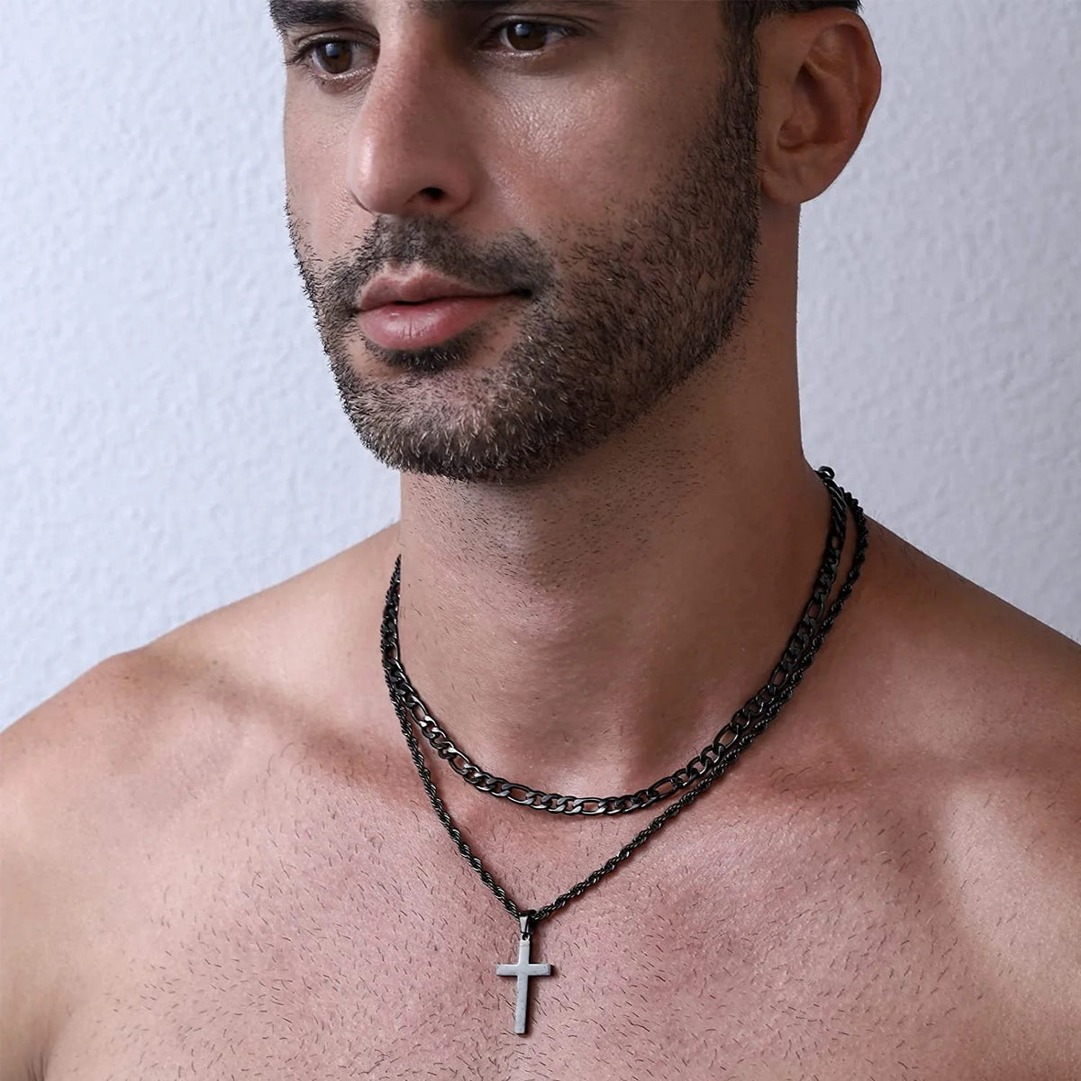 Layered Black Cross Necklaces for Men Stainless Steel Figaro Twist Rope Pendant Chain Set Religious Christian Stuff Accessories Birthday Christmas Jewelry Gifts Teen Boys Stocking Stuffers Kids