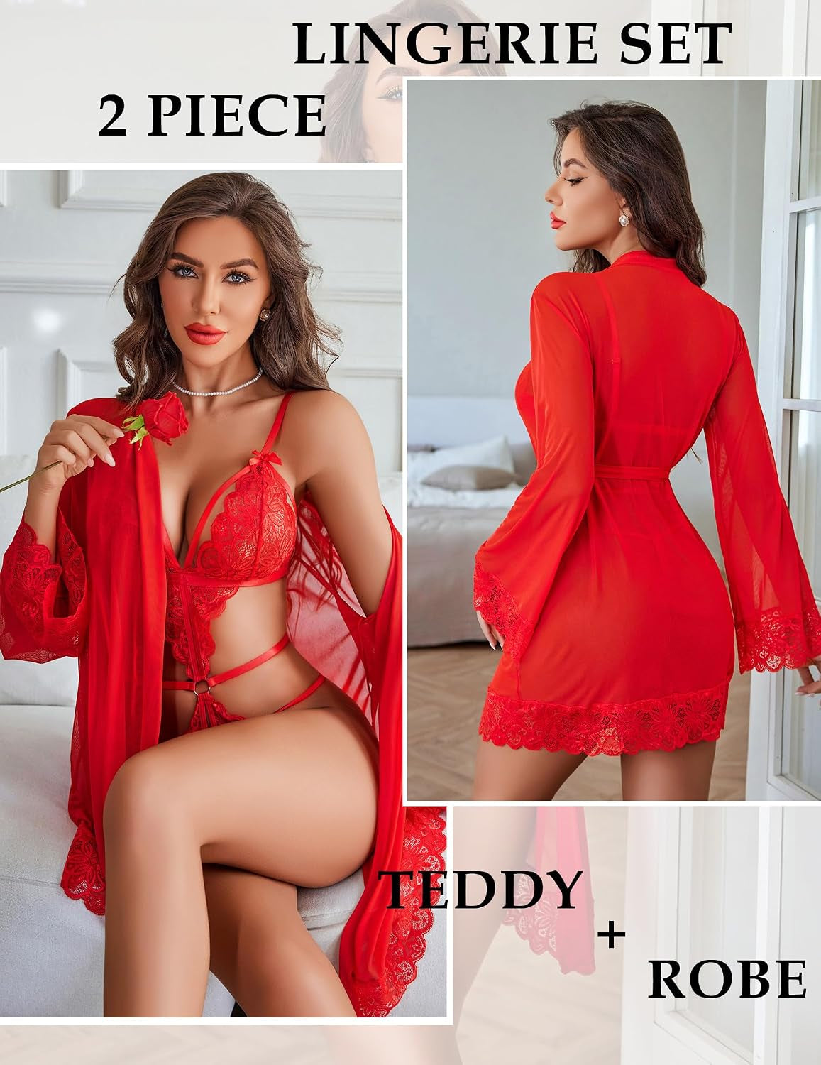 2 Piece Lingerie Set Lace Teddy Bodysuit with Mesh Kimono Robe
