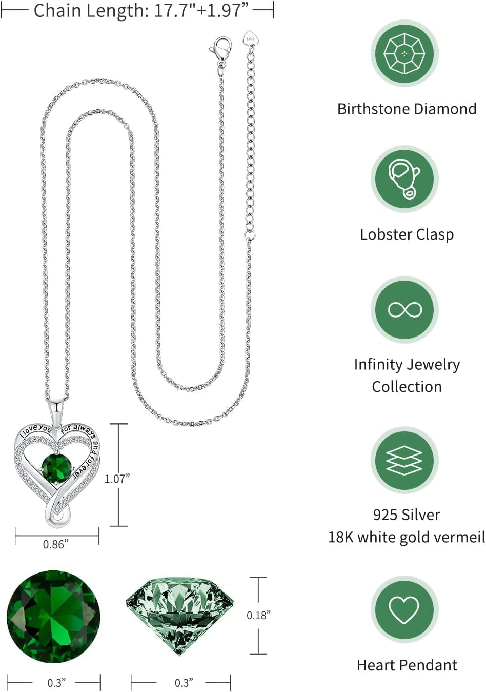 Jewelry for Women Wife Infinity Heart Birthstone I Love You Necklace S925 Anniversary Women Necklaces for Her Wife Birthday Gift Ideas, Birthday Present for Girlfriend Mom Daughter Sterling Silver