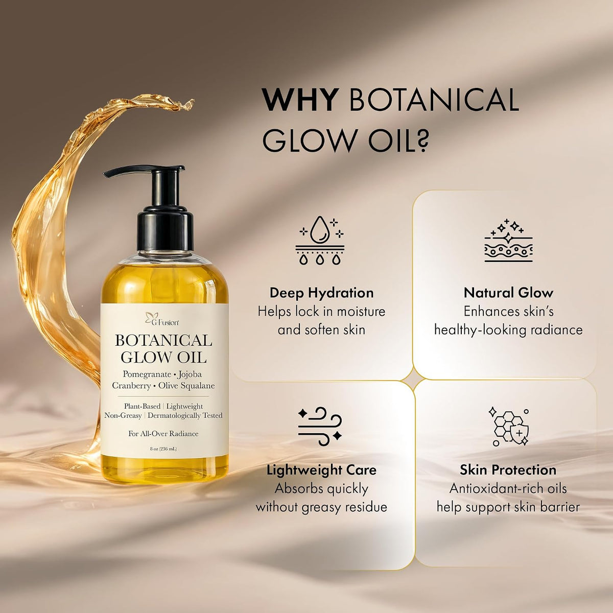 Botanical Body Glow Oil, Plant-Based, All Natural, 8 Oz (236 Ml)