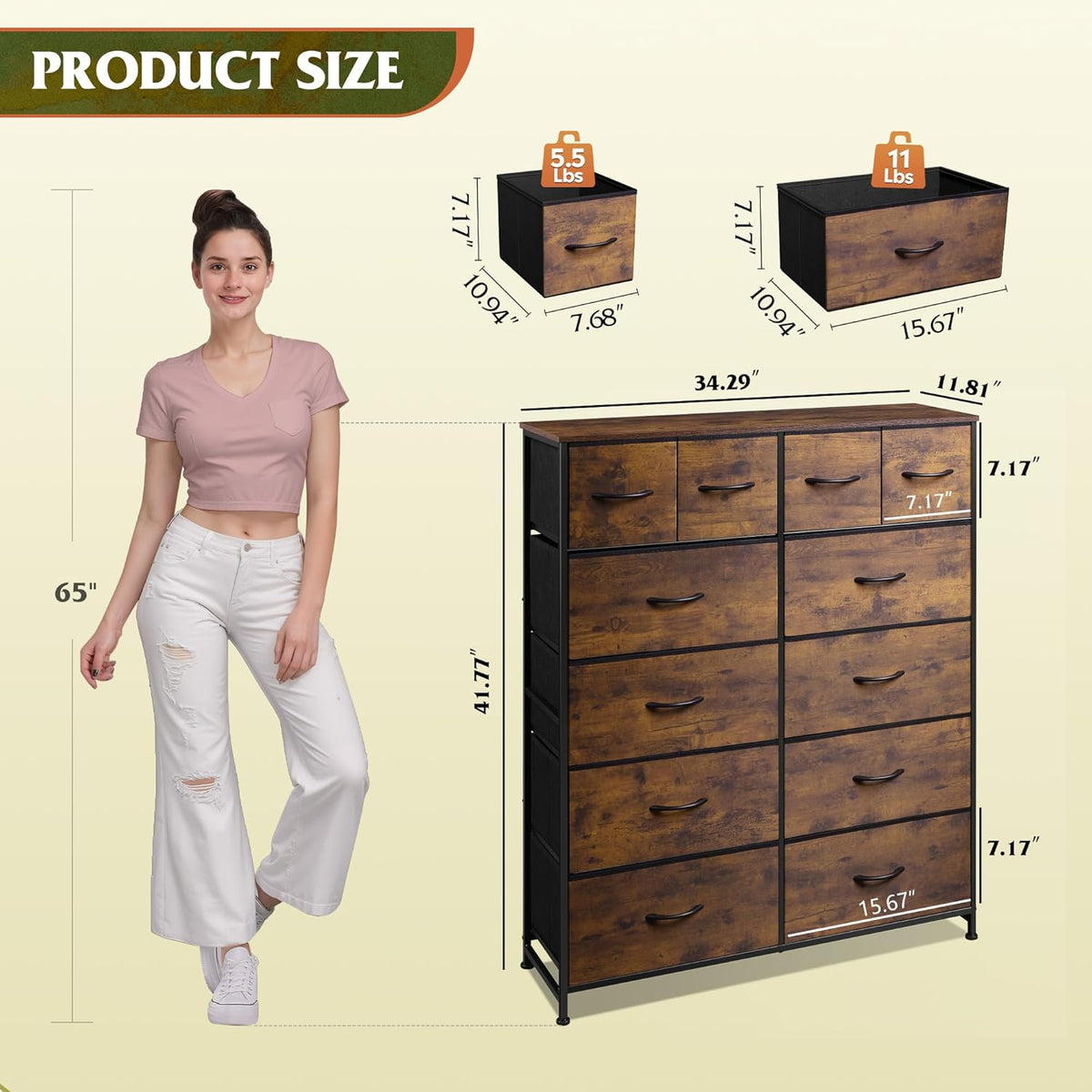 12 Drawer Tall Fabric Dresser Bedroom Storage Chest, Rustic Brown