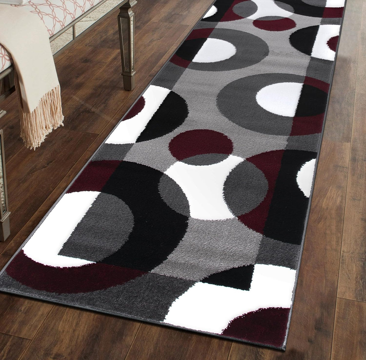Circles Modern Soft Living Room Runner Rug Burgundy 2&