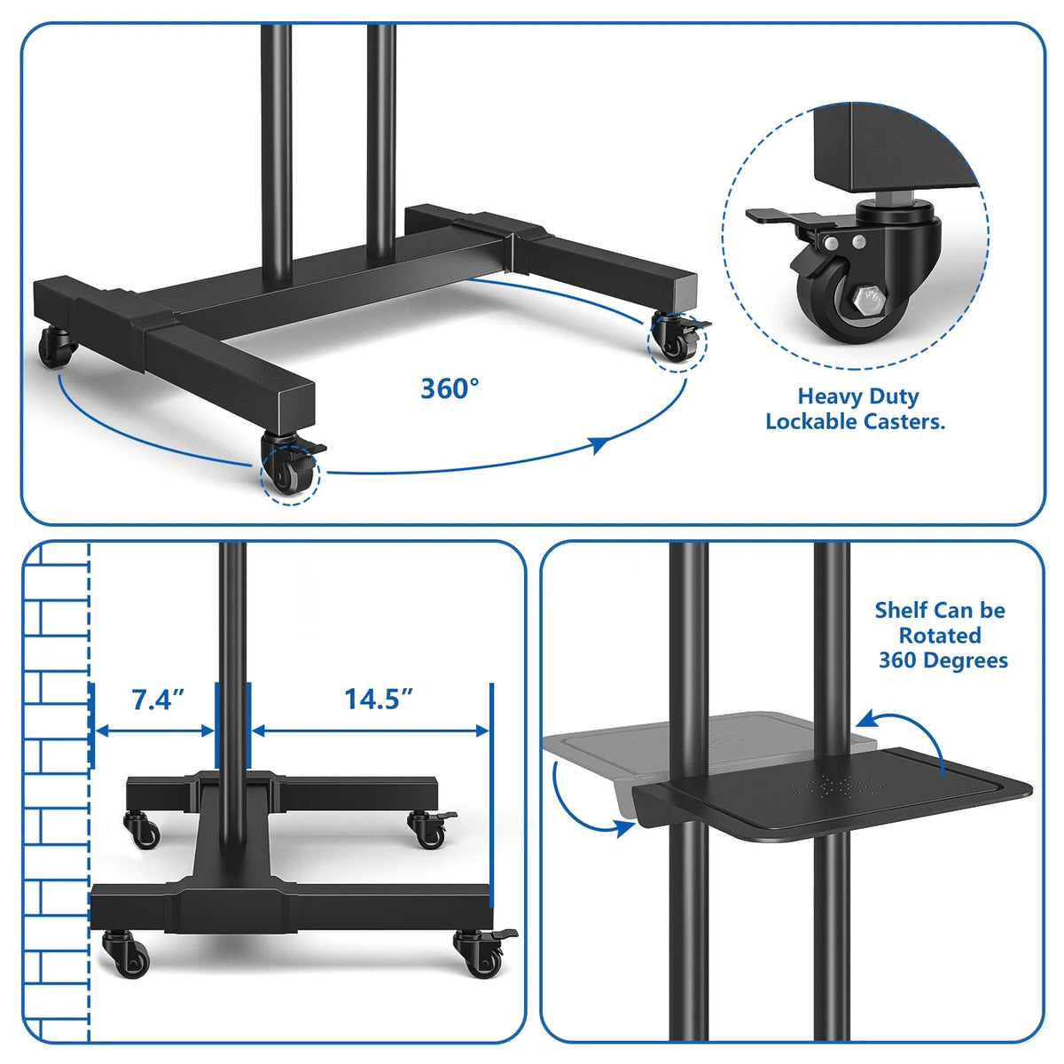 Rolling TV Cart Stand with Wheels for 32 to 83 Inch Screens, Adjustable Height Mobile TV Mount Rack Portable Floor Stand for Bedroom