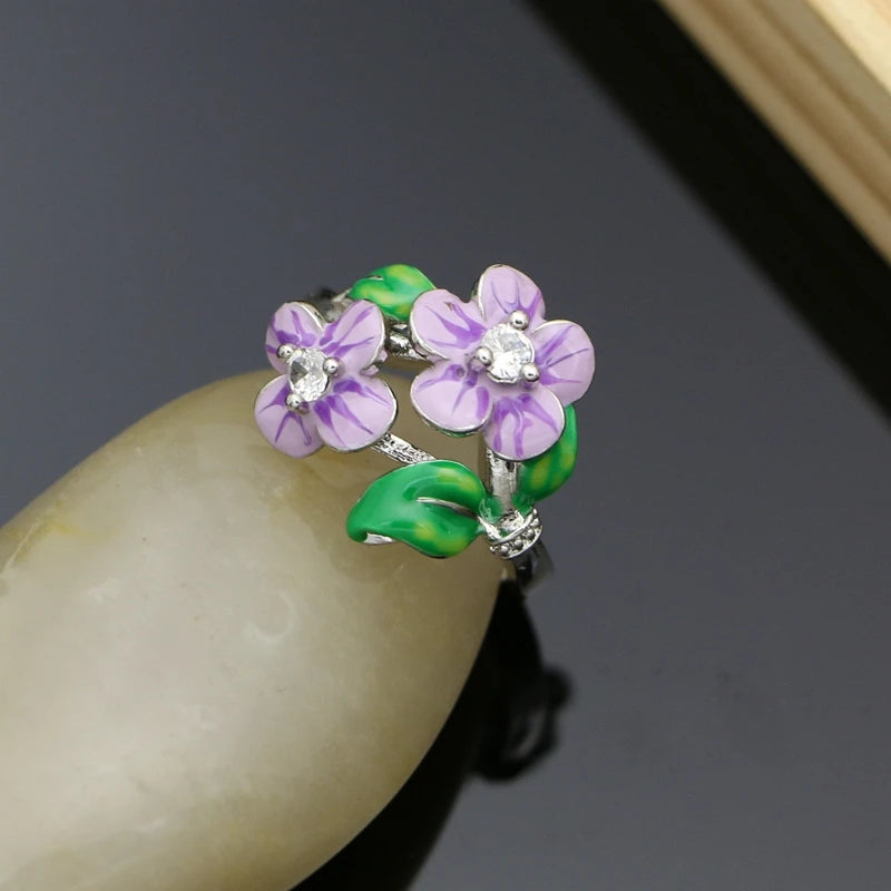 Vintage Jewelry Sets Purple Enamel Orchids 925 Sterling Silver Earrings Ring for Women Wedding Party Dropshipping