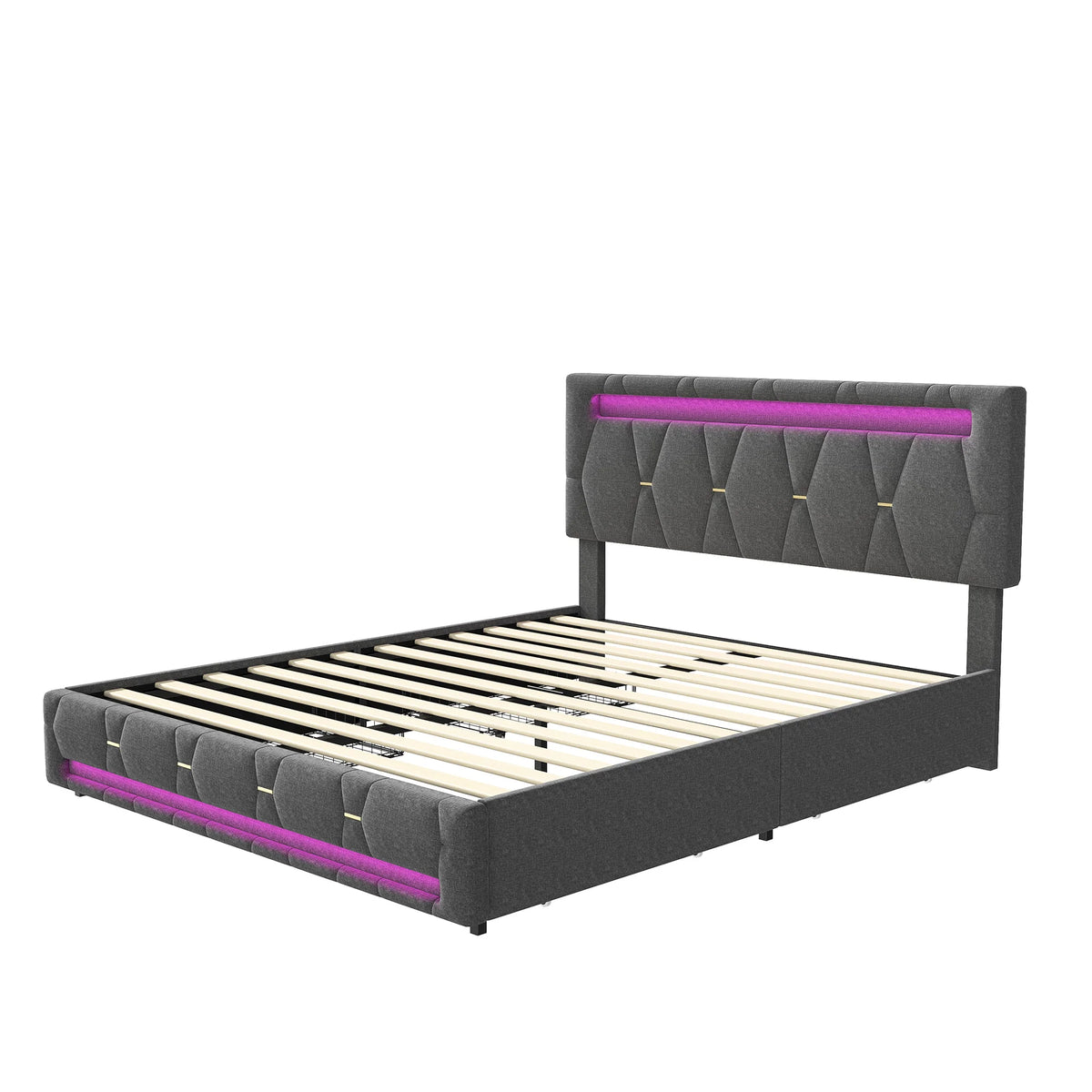 Rosahqnda Upholstered bed, Double bed without mattress, Linen bed frame with headboard backrest, 4 drawers, Double bed