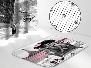 KOKGYM 4-Piece African American Shower Curtain Set Rugs 12 Hooks Paris Eiffel Tower Art Pattern Waterproof Polyester Casual