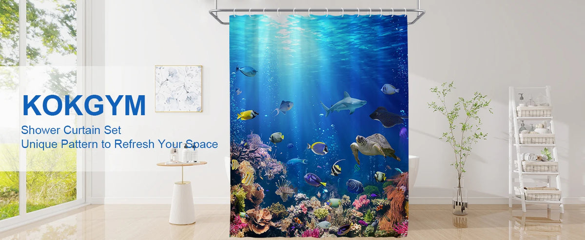 4-Piece Sunlight Sea Fish Ocean Theme Bathroom Set with Rugs Shower Curtain 12 Hooks-Machine-Washable Blackout Polyester