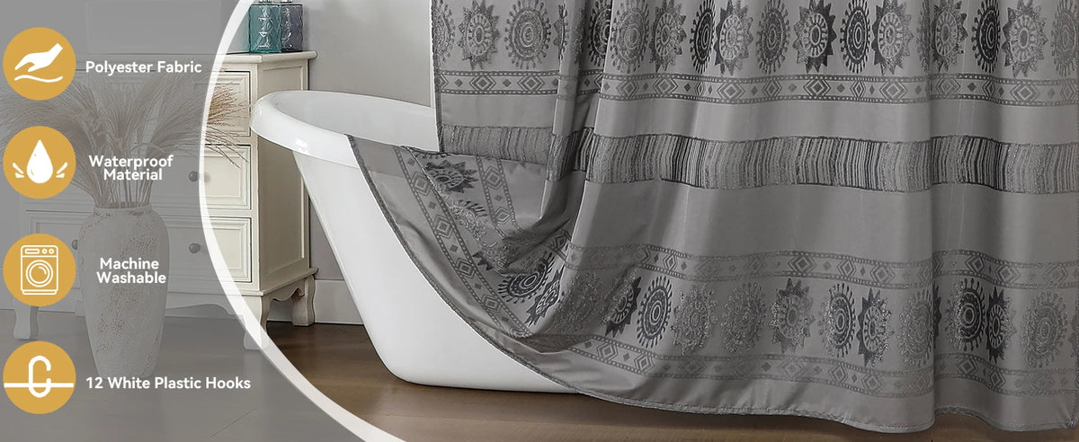 Grey Boho Farmhouse Elegant Washable Sheer Lace Shower Curtain Set 72Wx72L with 12 Plastic Hooks