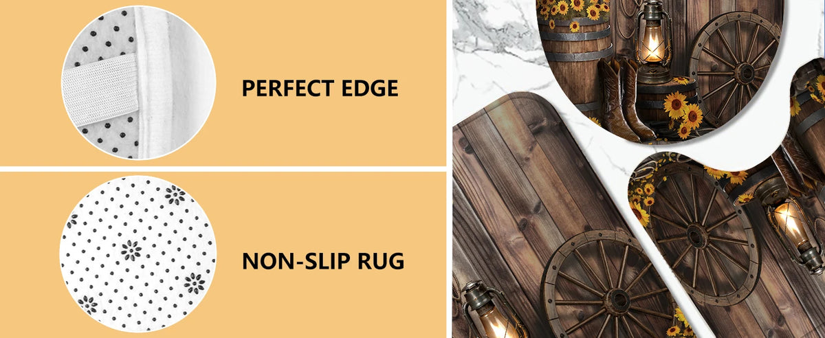 4-Piece Brown Cowboy Rustic Western Farmhouse Shower Curtain Set Non-Slip Rugs Washable Polyester Fabric Sunflower Barn