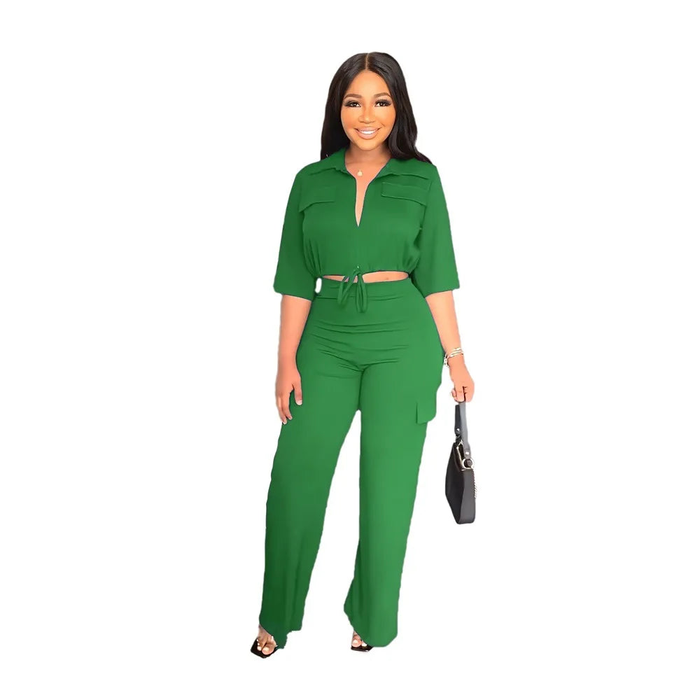 Elegant Office Women Two Piece Sets Autumn V Turn-down Neck Half Sleeve Drawstring Lace Up Short Shirt + Wide Leg Trousers Set