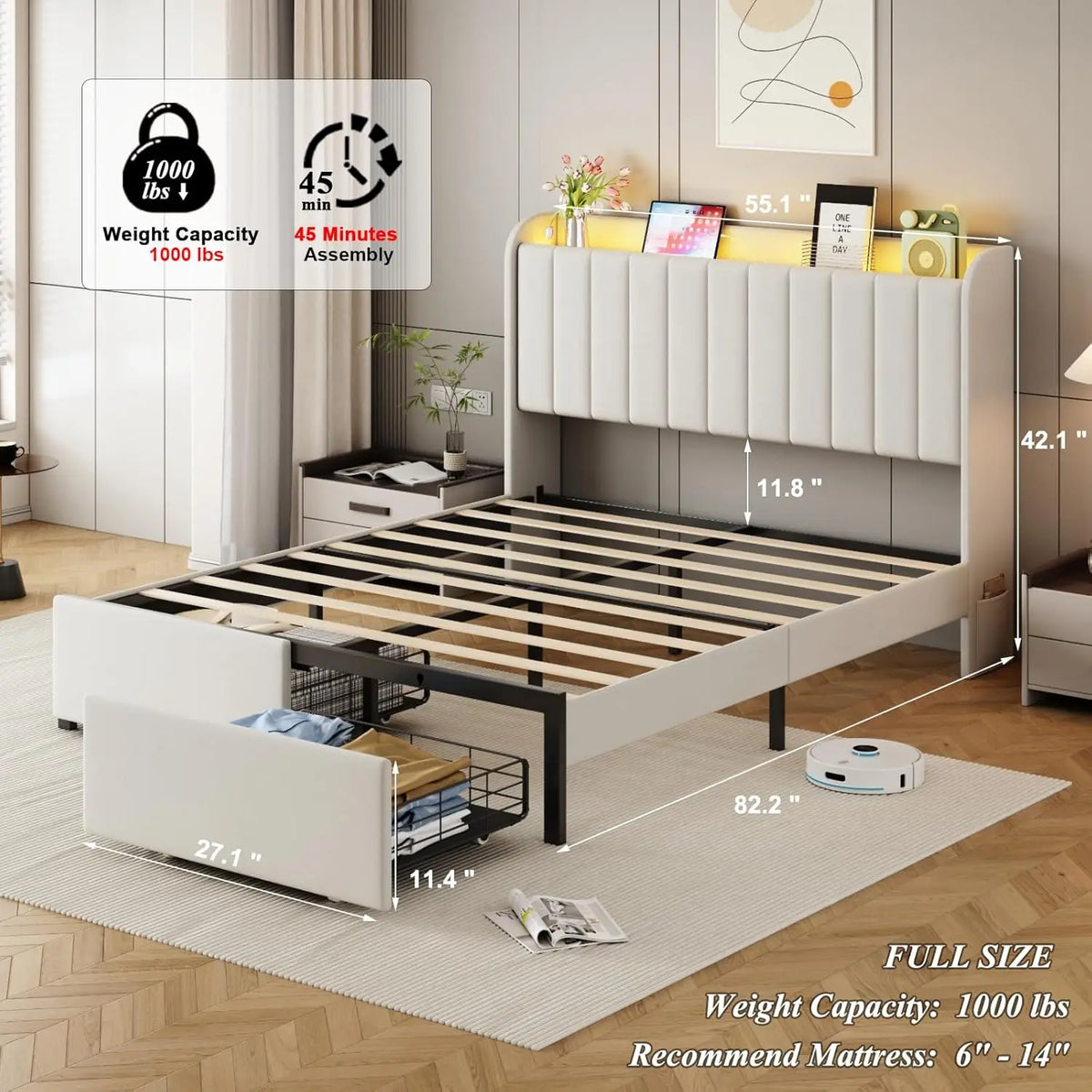 Full Size Bed Frames with Storage Headboard and 2 Drawers, Upholstered Platform Bed Frame Full with Led Lights and, Customized