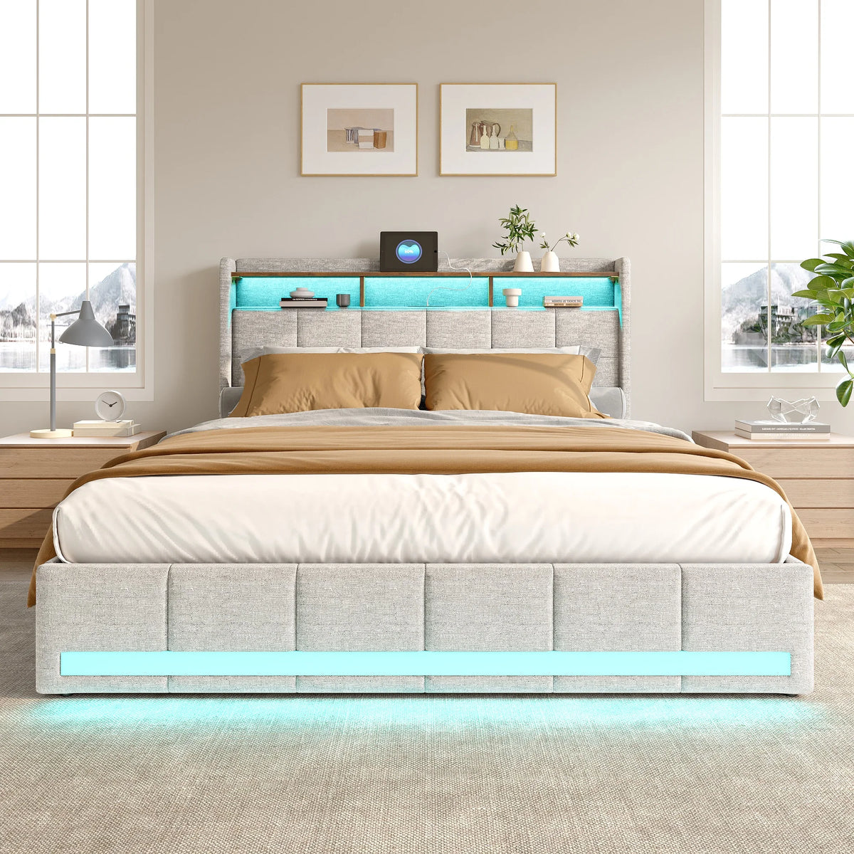 Rosahqnda Upholstered Double Bed 160 x 200 cm, Bed 180 x 200 cm with Storage Box, Storage Bed with 4 Drawers and LED Lighting