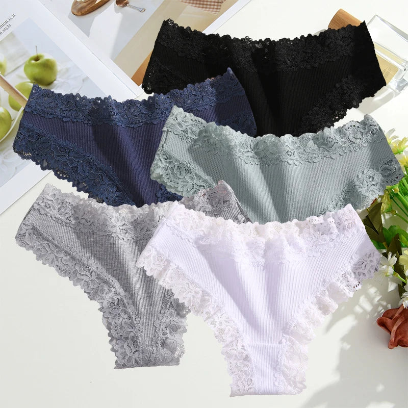 FINETOO 5PCS Sexy Lace Cotton Panties Women Brazilian Panties Ladies Sexy Low Waist Elastic T-Back Bikini Solid Soft Lingerie