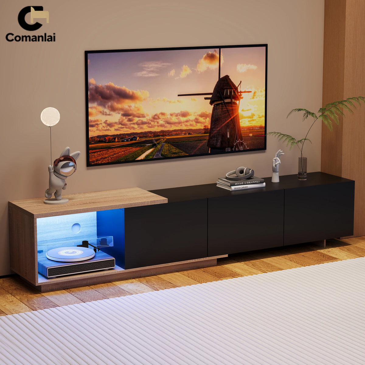 Comanlai 240cm Modern TV Cabinet with LED Lights Living Room TV Cabinet with 3 Drawers and Open Storageextendable TV Stands