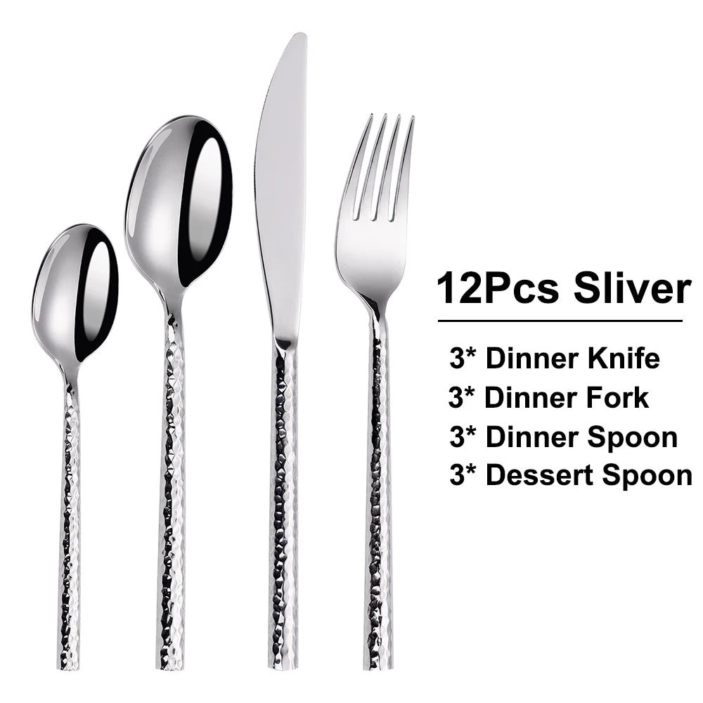 6/12/15Pcs Sliver Heavy Cutlery Stainless Steel 304 Tableware Western Dinner Set Mirror Hammer Pattern Handle Knife Fork Spoon