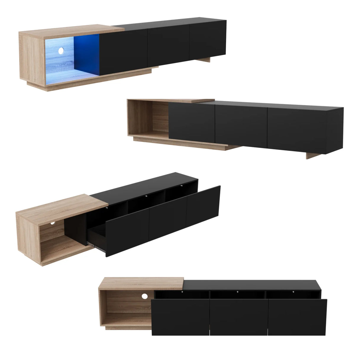 Comanlai 240cm Modern TV Cabinet with LED Lights Living Room TV Cabinet with 3 Drawers and Open Storageextendable TV Stands