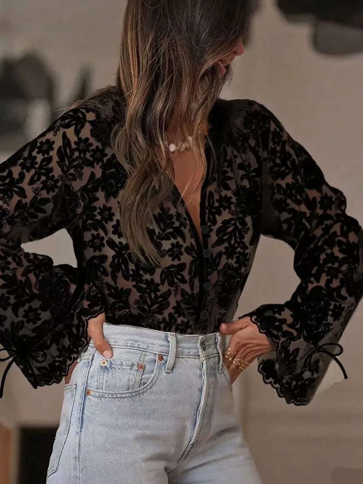 Sexy Hollow Lace Shirt Women Loose V-neck Single Breasted Lace Up Lantern Sleeve Shirt Spring Summer Fashion New Beige Shirt