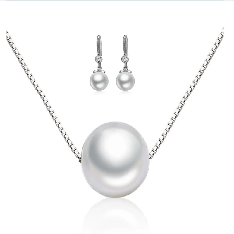 Exquisite Fashion 925 Sterling Silver Necklace Earrings Jewelry Set 10MM Pearl Accessories For Women Engagement Jewelry Gift