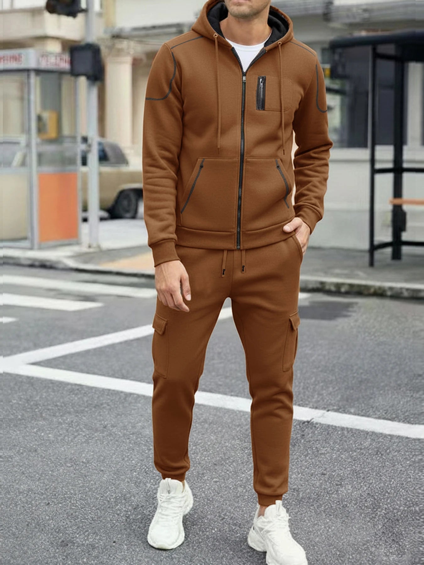 2025 Popular Two-piece Men's Sportswear Autumn Solid Color Jogging Suit Hooded Zipper Jacket + Sport Pants Casual Sports Set