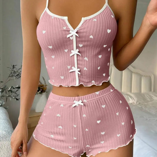 Women's Pajamas Set Bowknot Decor Sleepwear 2 PCS Short Tank Tops And Shorts Ventilate Loungewear Two-piece Female Nightwear