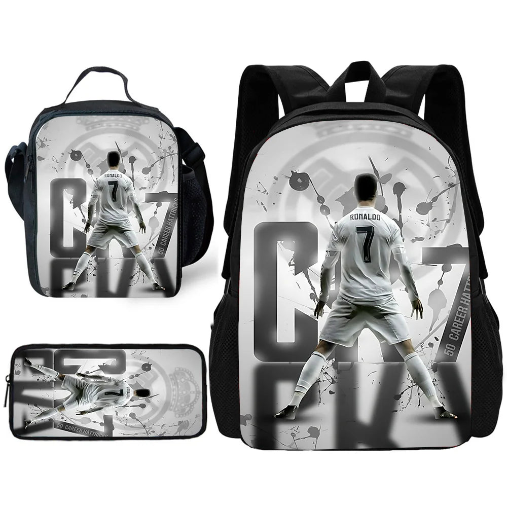 Child School Football R-RonaldoS CR7 Backpack with Lunch Bags ,Pencil Bags ,School Bags for Boys Girls Best Gift