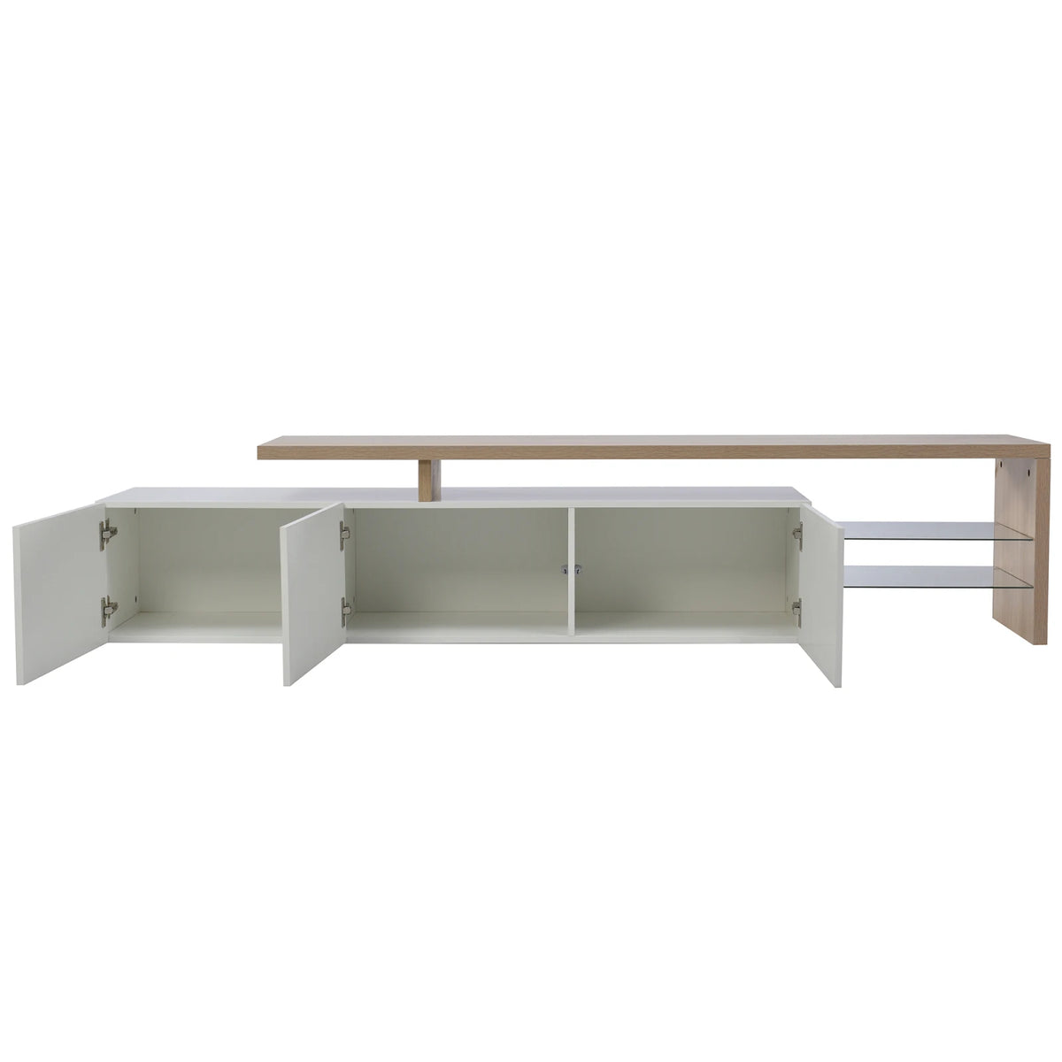 Rosahqnda TV Cabinet for Living Room,TV Lowboard with LED,Sideboard,2 Glass Partition,3 Drawers,White/Black High Gloss
