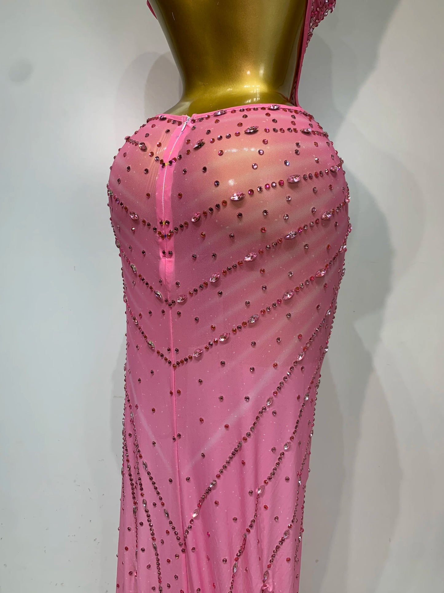 Sparkly Rhinestone Halter Mesh Transparent Dress Birthday Celebrate Evening Party Dress Women Sexy Split Backless Stage Outfit